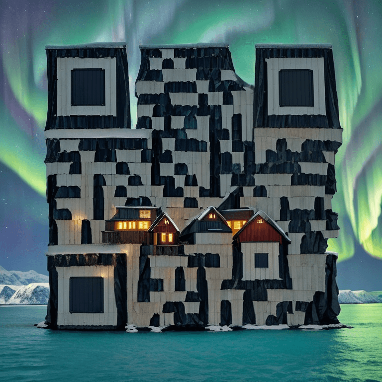 Fjord under the northern lights AI art QR code