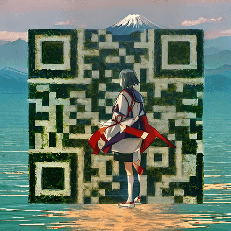 Mount Fuji across a lake AI art QR code