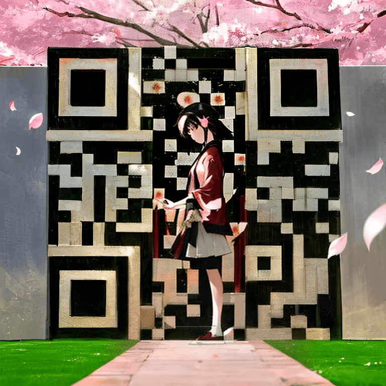 Cherry blossom shrine path AI art QR code