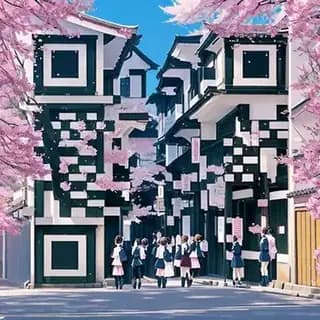 Animated sakura street AI art QR code
